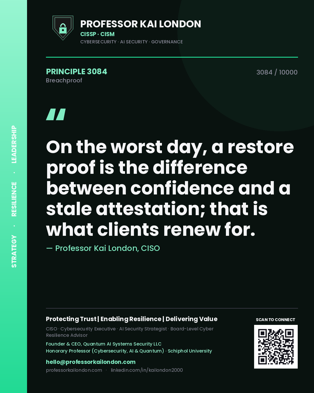 Quote card by Professor Kai London reading 'On the worst day, a restore proof is the difference between confidence and a stale attestation; that is what clients renew for.'. From the book Breachproof.