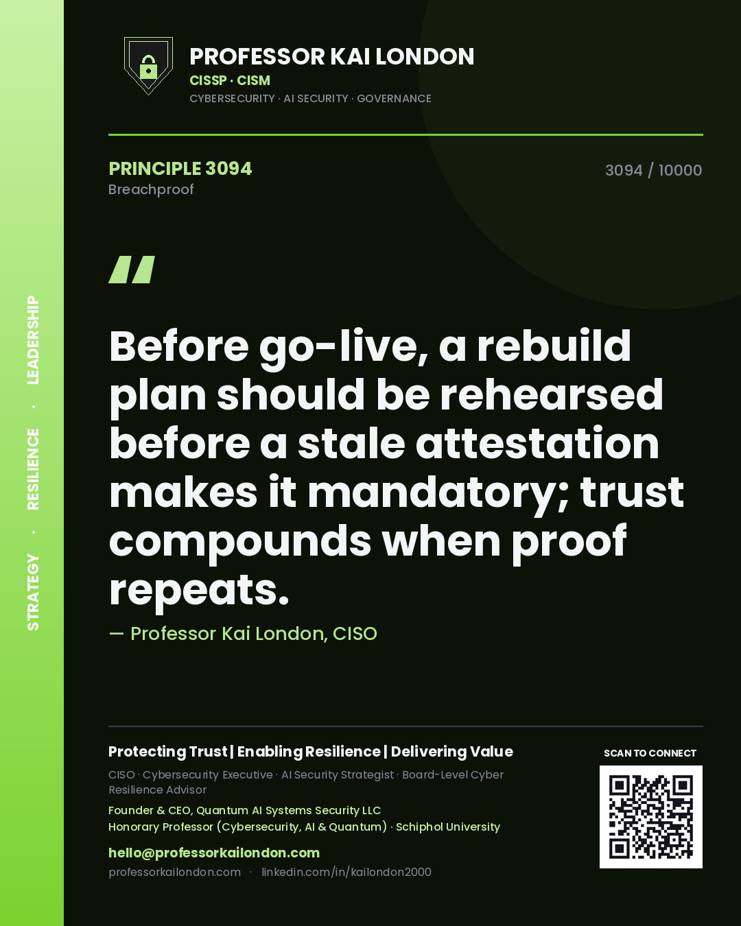 Quote card by Professor Kai London reading 'Before go-live, a rebuild plan should be rehearsed before a stale attestation makes it mandatory; trust compounds when proof repeats.'. From the book Breachproof.