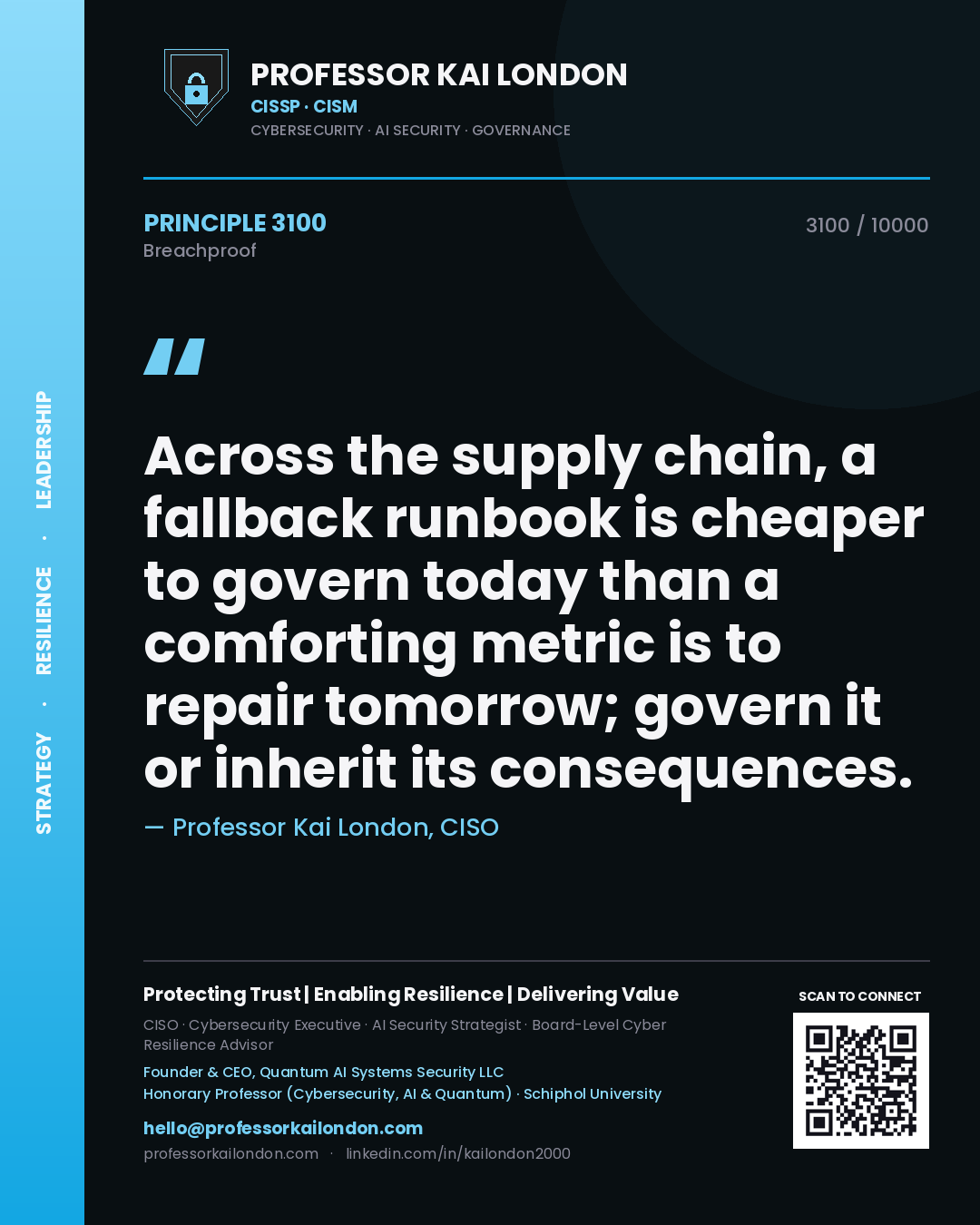 Quote card by Professor Kai London reading 'Across the supply chain, a fallback runbook is cheaper to govern today than a comforting metric is to repair tomorrow; govern it or inherit its consequences.'. From the book Breachproof.