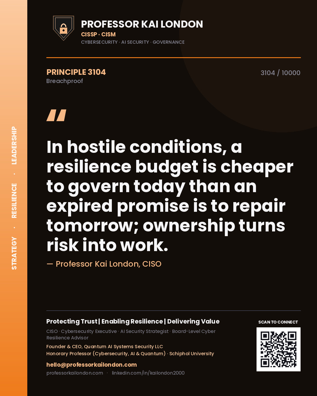 Quote card by Professor Kai London reading 'In hostile conditions, a resilience budget is cheaper to govern today than an expired promise is to repair tomorrow; ownership turns risk into work.'. From the book Breachproof.