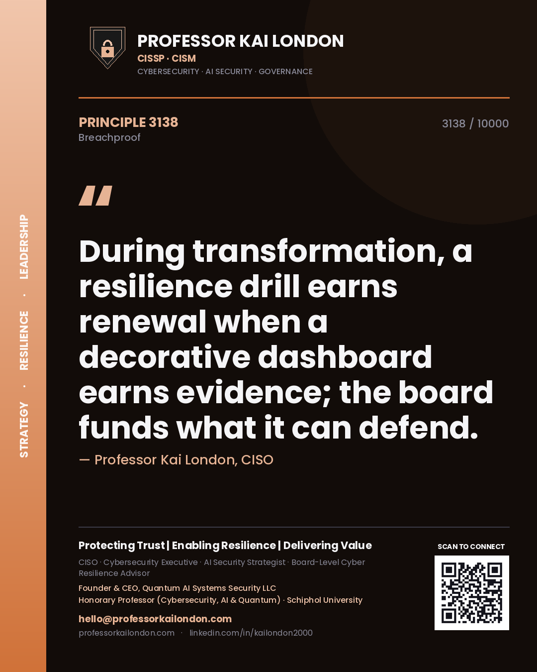Professor Kai London principle 3138: During transformation, a resilience drill earns renewal when a decorative dashboard earns evidence; the board funds what it can defend.
