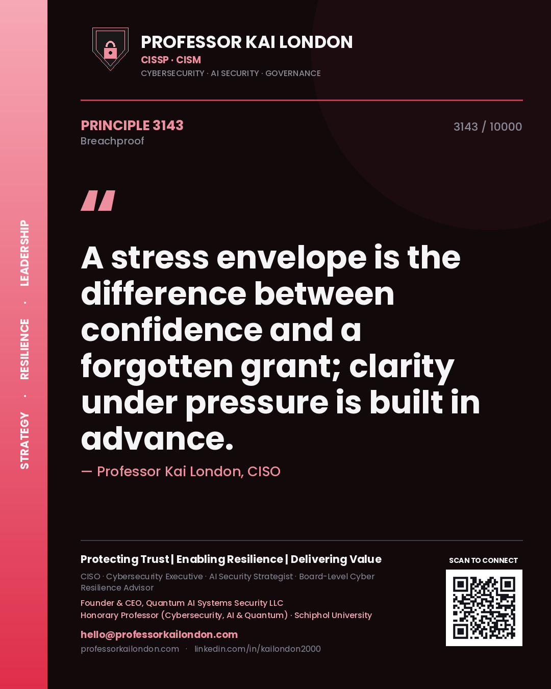 Professor Kai London principle 3143: A stress envelope is the difference between confidence and a forgotten grant; clarity under pressure is built in advance.