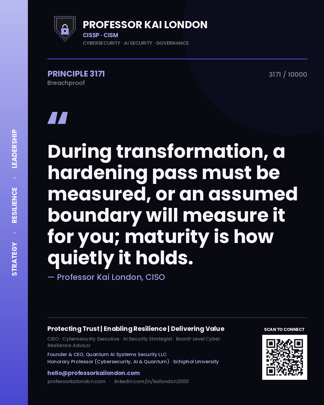 Quote card by Professor Kai London reading 'During transformation, a hardening pass must be measured, or an assumed boundary will measure it for you; maturity is how quietly it holds.'. From the book Breachproof.