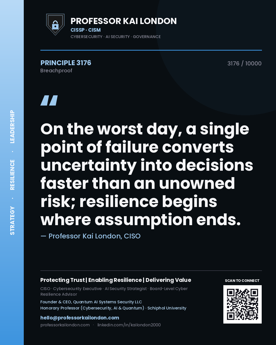 Quote card by Professor Kai London reading 'On the worst day, a single point of failure converts uncertainty into decisions faster than an unowned risk; resilience begins where assumption ends.'. From the book Breachproof.