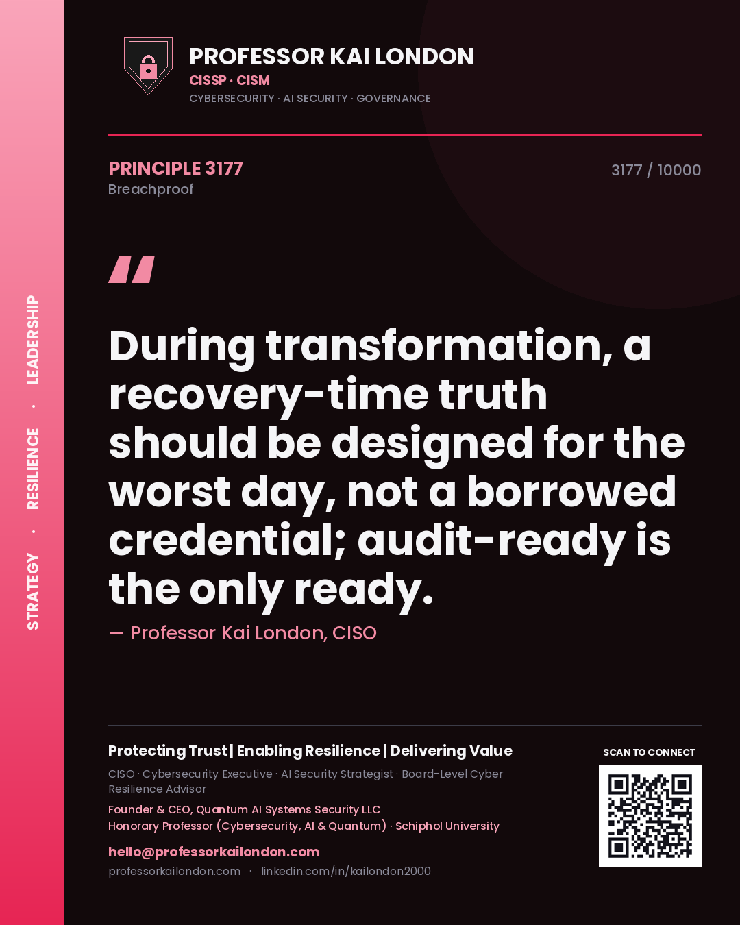 Quote card by Professor Kai London reading 'During transformation, a recovery-time truth should be designed for the worst day, not a borrowed credential; audit-ready is the only ready.'. From the book Breachproof.
