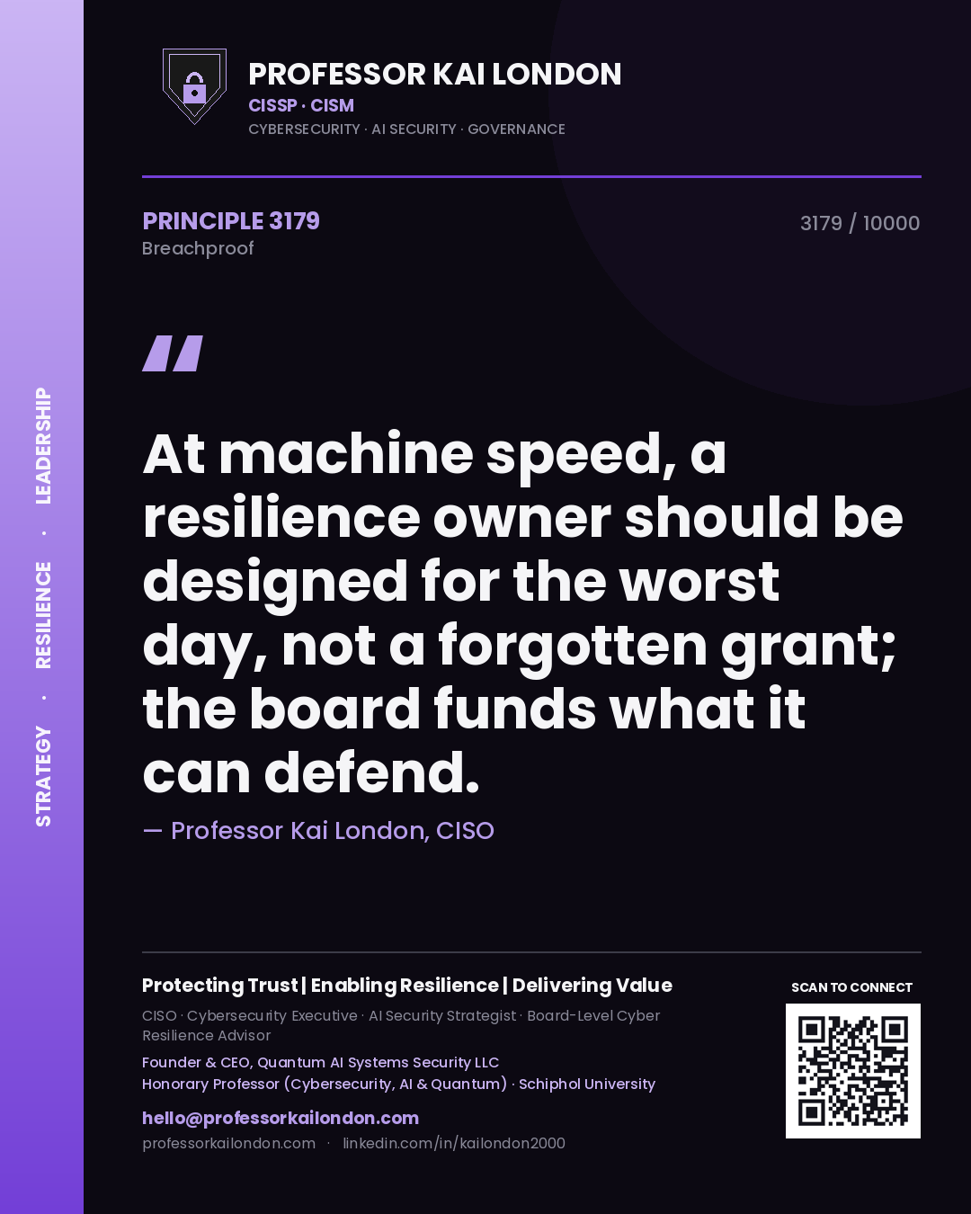 Professor Kai London principle 3179: At machine speed, a resilience owner should be designed for the worst day, not a forgotten grant; the board funds what it can defend.