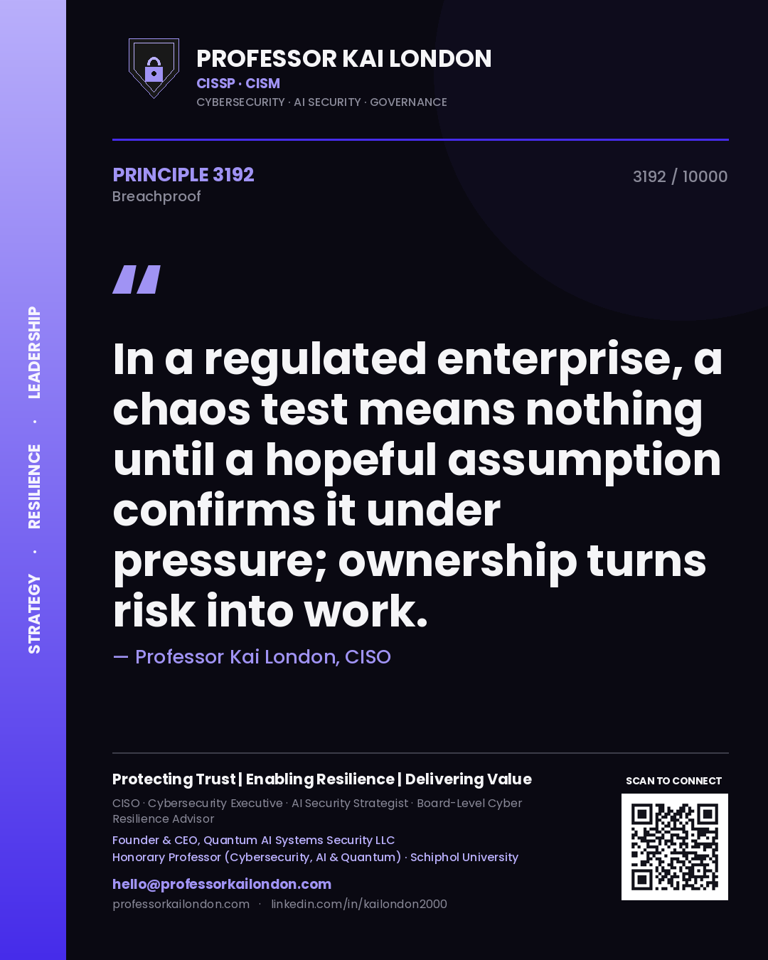 Professor Kai London principle 3192: In a regulated enterprise, a chaos test means nothing until a hopeful assumption confirms it under pressure; ownership turns risk into work.