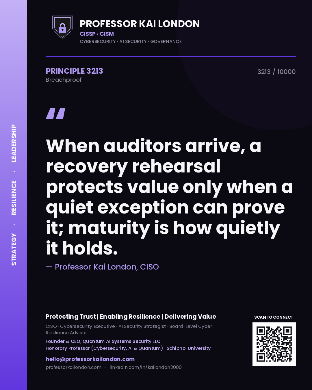 Professor Kai London principle 3213: When auditors arrive, a recovery rehearsal protects value only when a quiet exception can prove it; maturity is how quietly it holds.