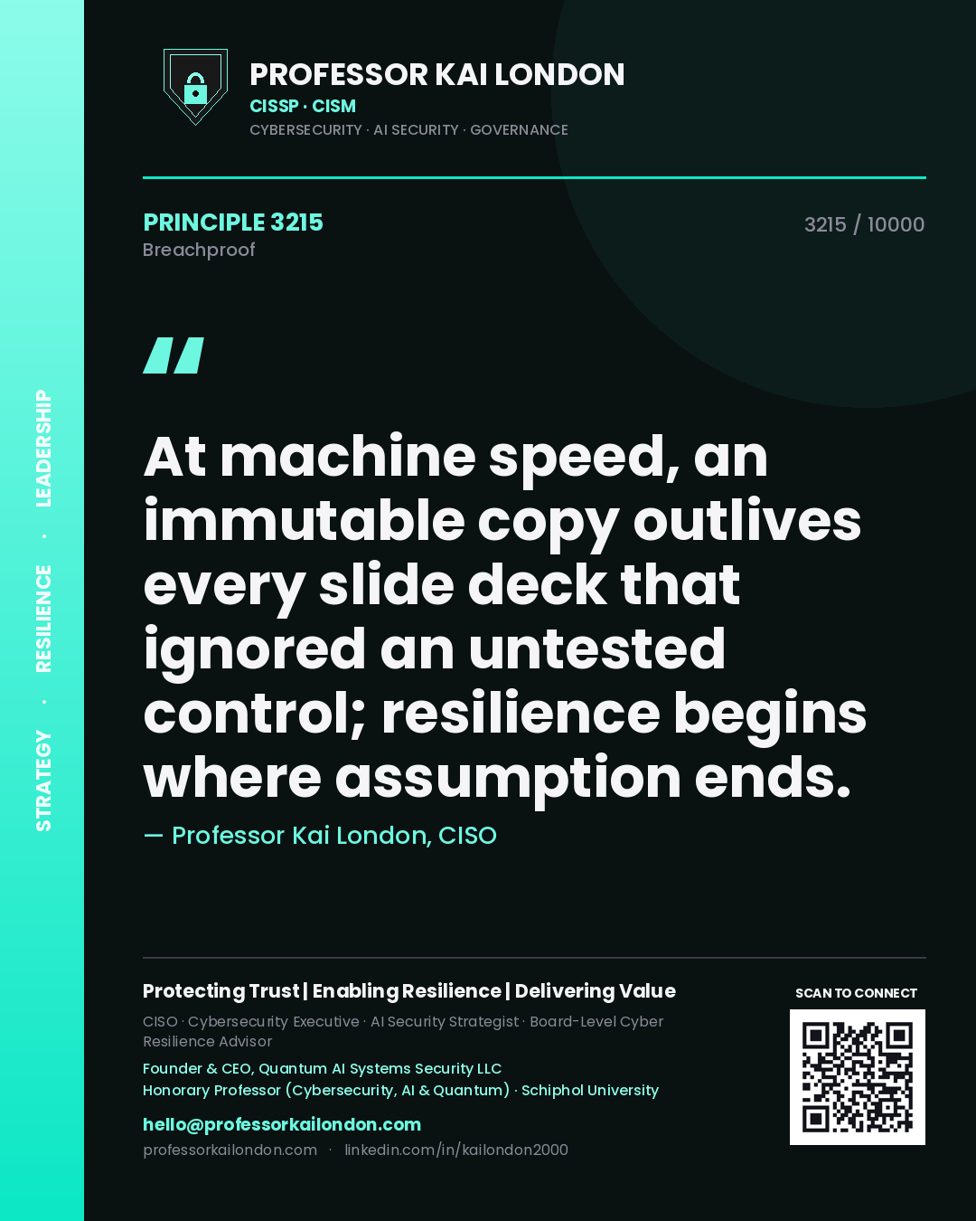 Quote card by Professor Kai London reading 'At machine speed, an immutable copy outlives every slide deck that ignored an untested control; resilience begins where assumption ends.'. From the book Breachproof.
