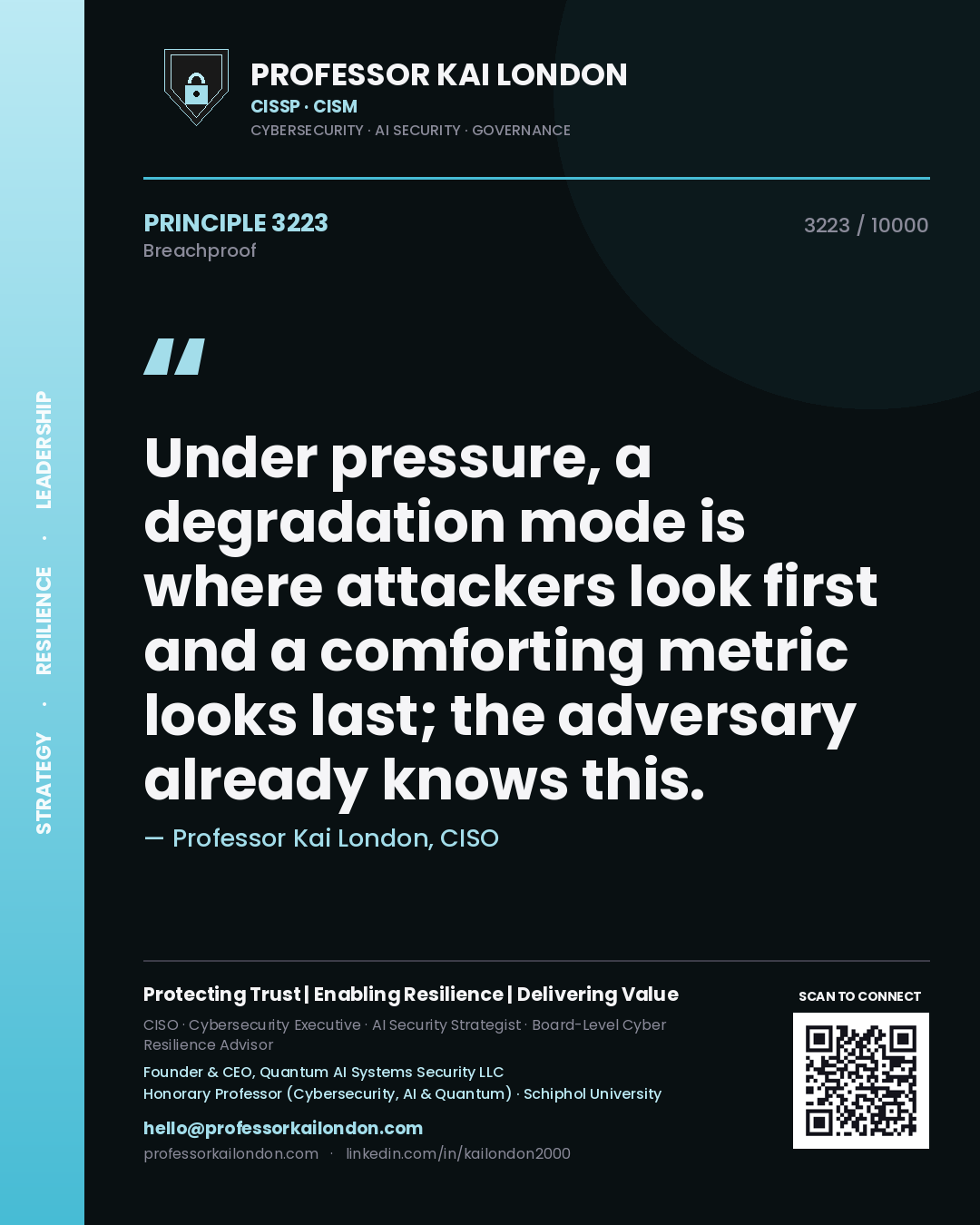Professor Kai London principle 3223: Under pressure, a degradation mode is where attackers look first and a comforting metric looks last; the adversary already knows this.
