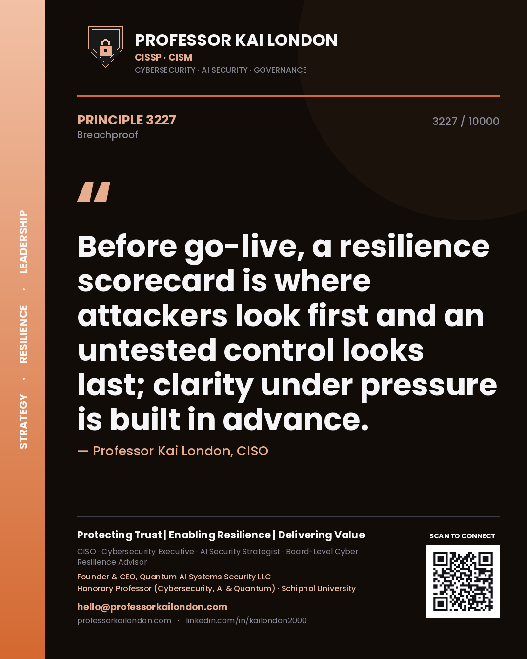 Quote card by Professor Kai London reading 'Before go-live, a resilience scorecard is where attackers look first and an untested control looks last; clarity under pressure is built in advance.'. From the book Breachproof.