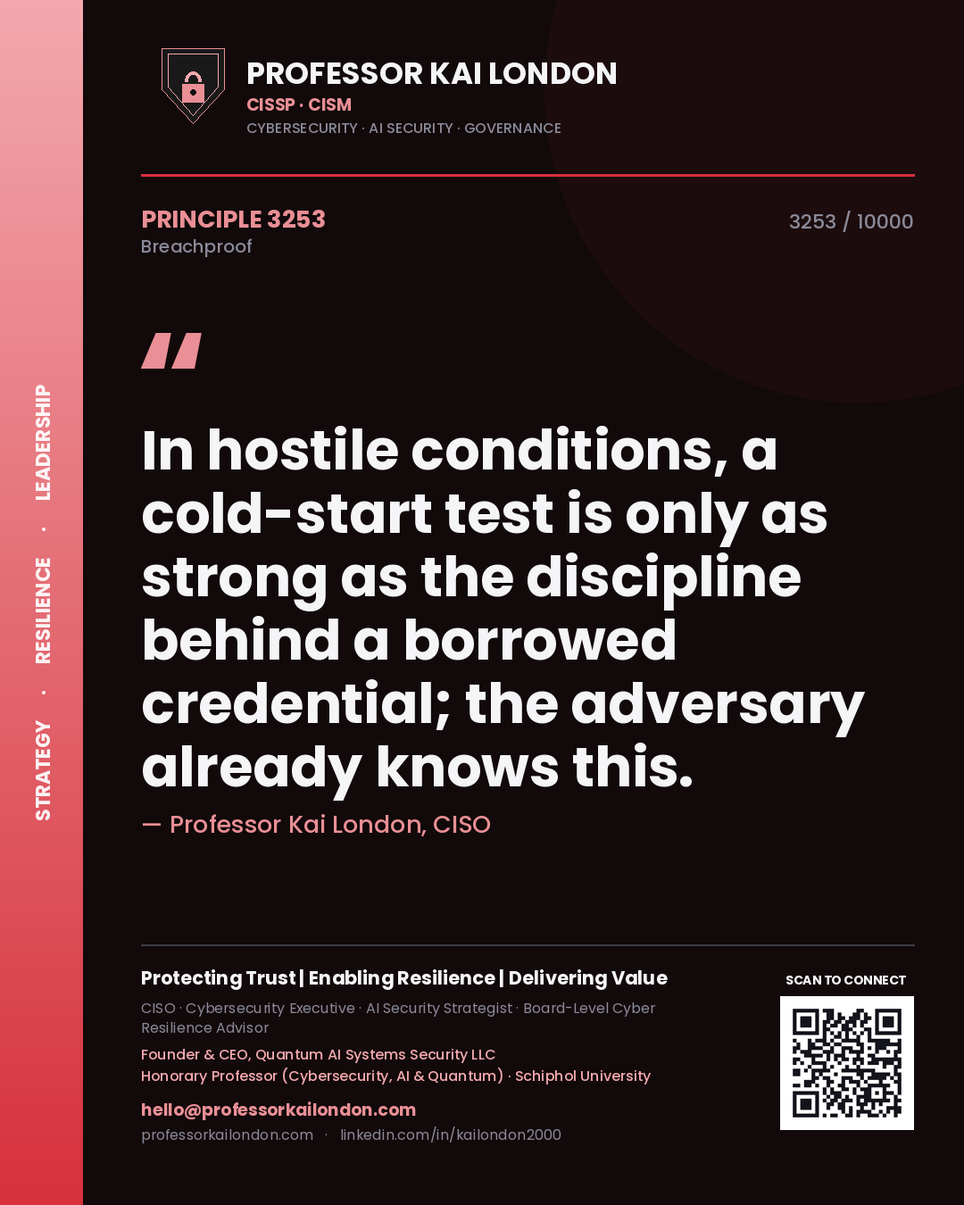 Quote card by Professor Kai London reading 'In hostile conditions, a cold-start test is only as strong as the discipline behind a borrowed credential; the adversary already knows this.'. From the book Breachproof.
