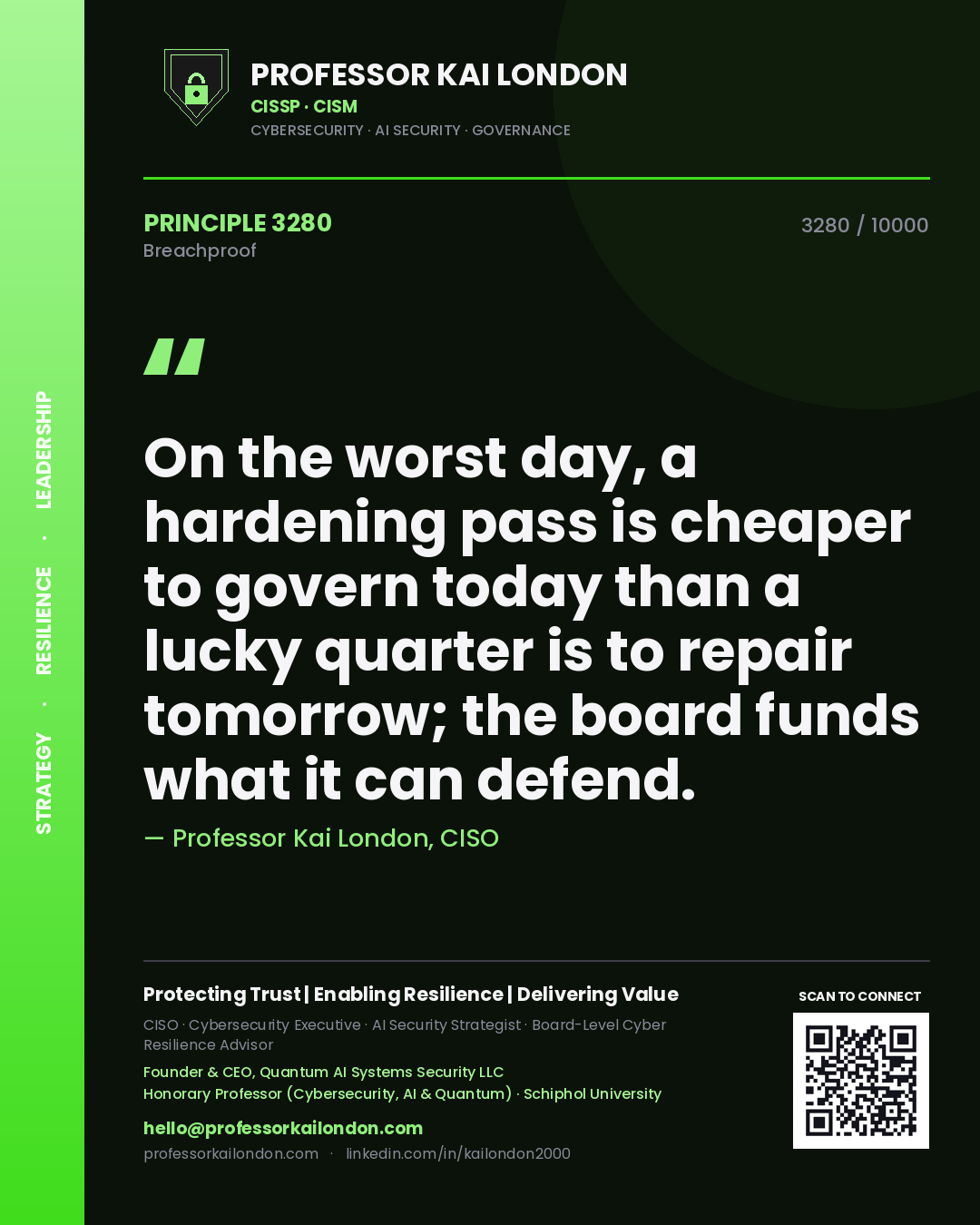 Quote card by Professor Kai London reading 'On the worst day, a hardening pass is cheaper to govern today than a lucky quarter is to repair tomorrow; the board funds what it can defend.'. From the book Breachproof.