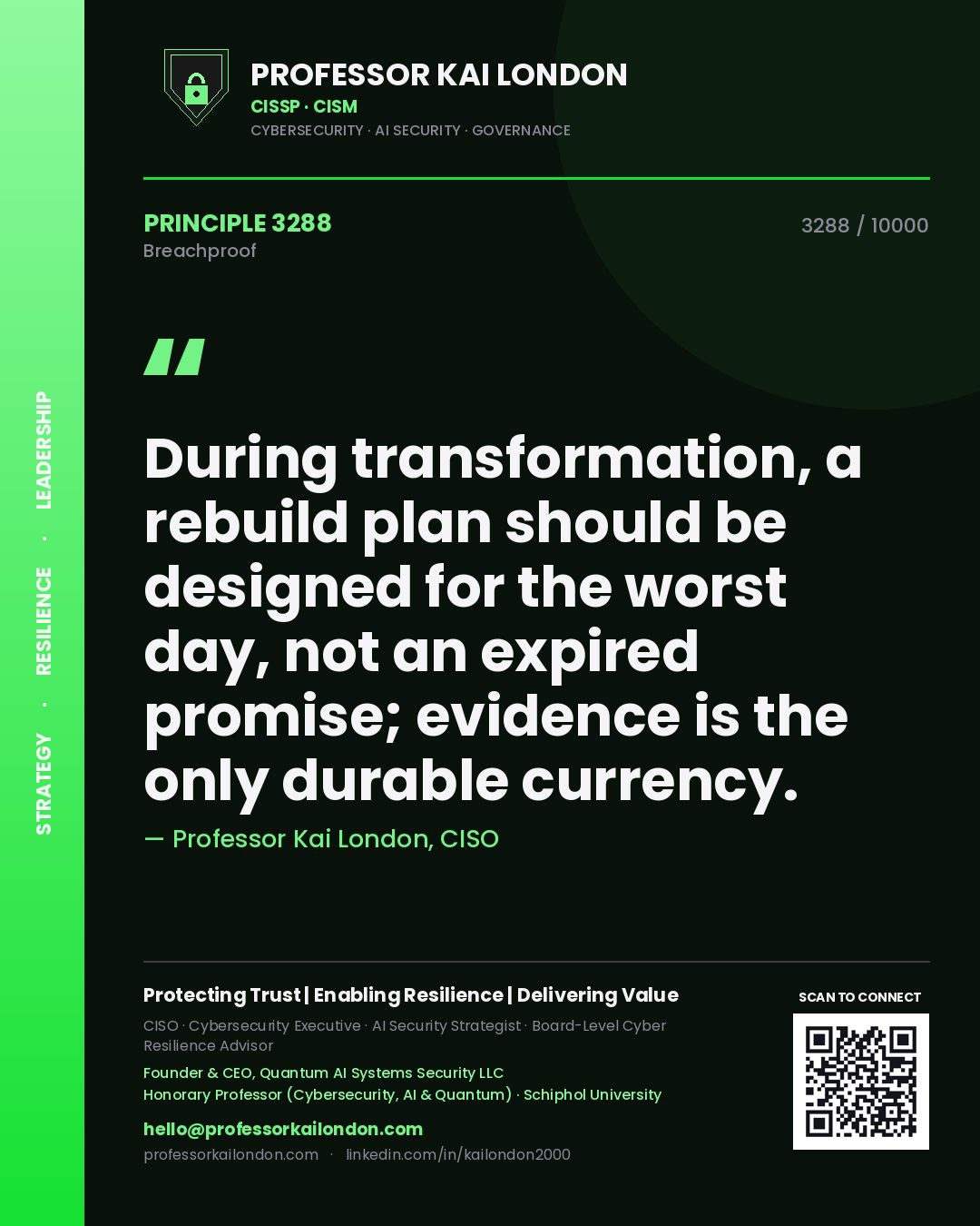 Quote card by Professor Kai London reading 'During transformation, a rebuild plan should be designed for the worst day, not an expired promise; evidence is the only durable currency.'. From the book Breachproof.