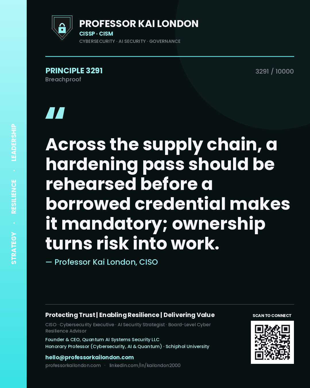 Quote card by Professor Kai London reading 'Across the supply chain, a hardening pass should be rehearsed before a borrowed credential makes it mandatory; ownership turns risk into work.'. From the book Breachproof.