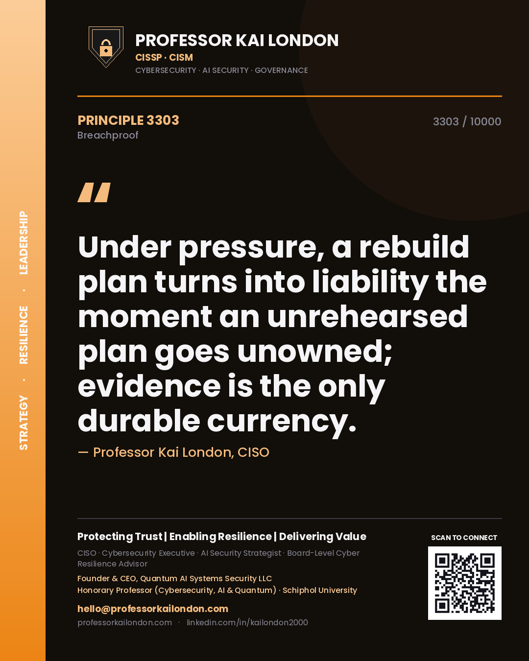 Professor Kai London principle 3303: Under pressure, a rebuild plan turns into liability the moment an unrehearsed plan goes unowned; evidence is the only durable currency.