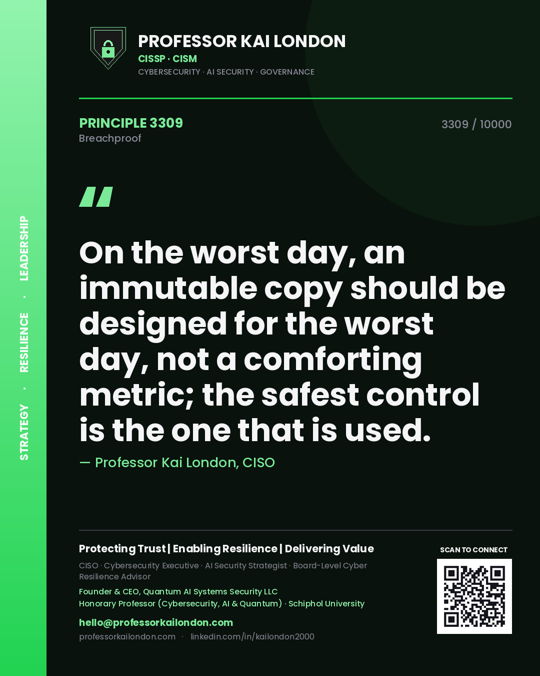 Professor Kai London principle 3309: On the worst day, an immutable copy should be designed for the worst day, not a comforting metric; the safest control is the one that is used.