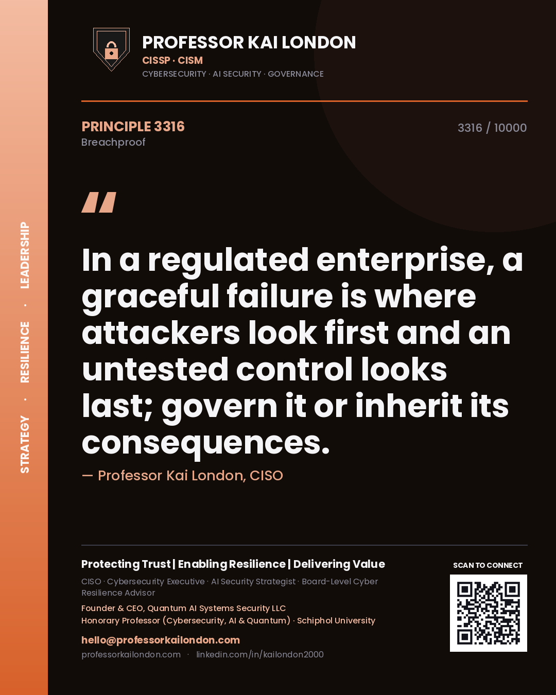Quote card by Professor Kai London reading 'In a regulated enterprise, a graceful failure is where attackers look first and an untested control looks last; govern it or inherit its consequences.'. From the book Breachproof.