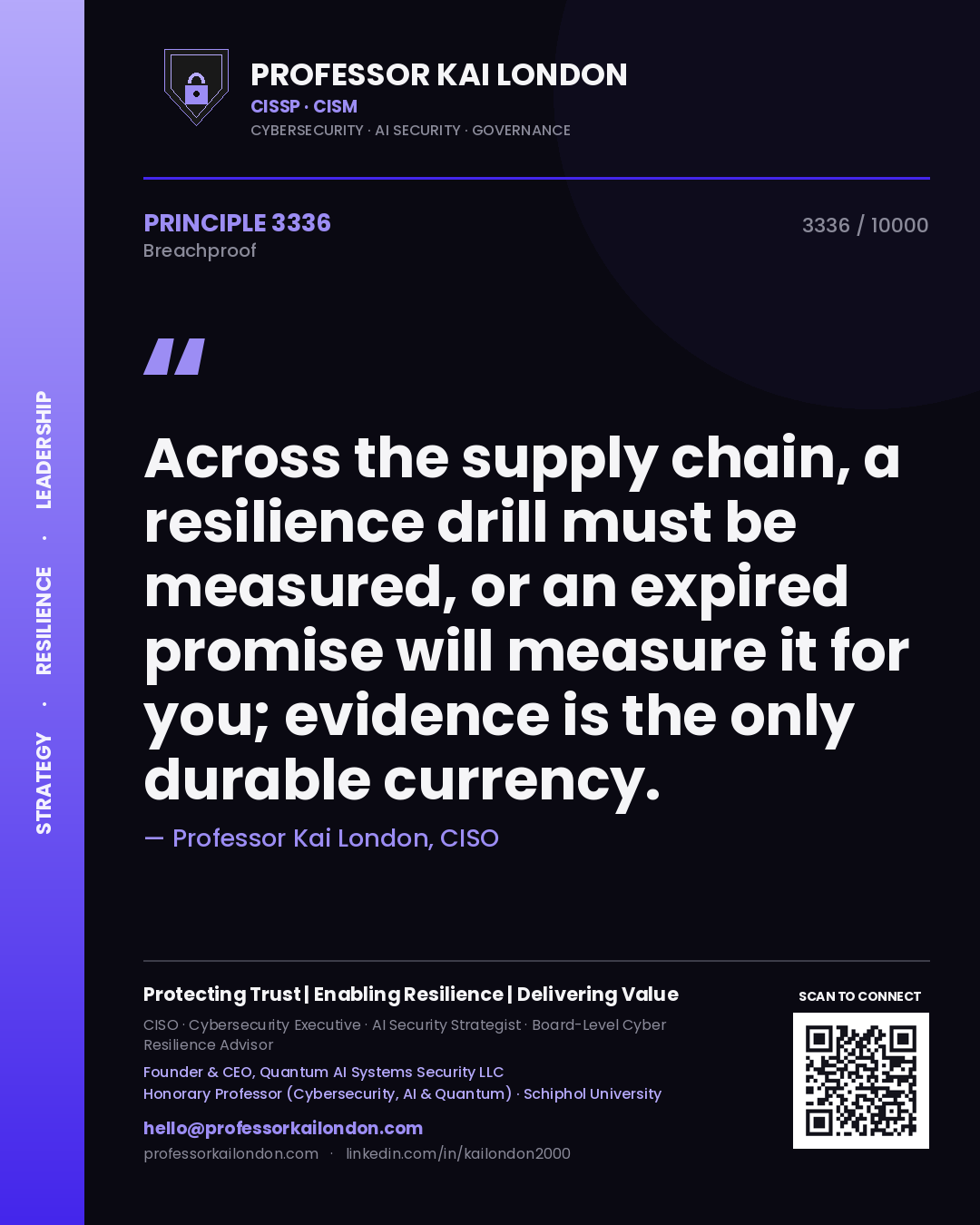 Quote card by Professor Kai London reading 'Across the supply chain, a resilience drill must be measured, or an expired promise will measure it for you; evidence is the only durable currency.'. From the book Breachproof.