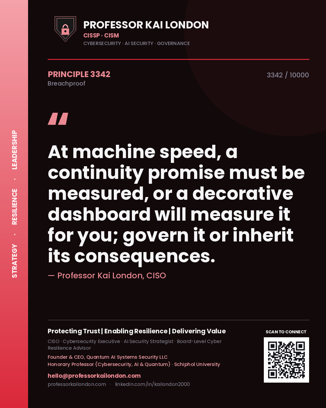 Quote card by Professor Kai London reading 'At machine speed, a continuity promise must be measured, or a decorative dashboard will measure it for you; govern it or inherit its consequences.'. From the book Breachproof.