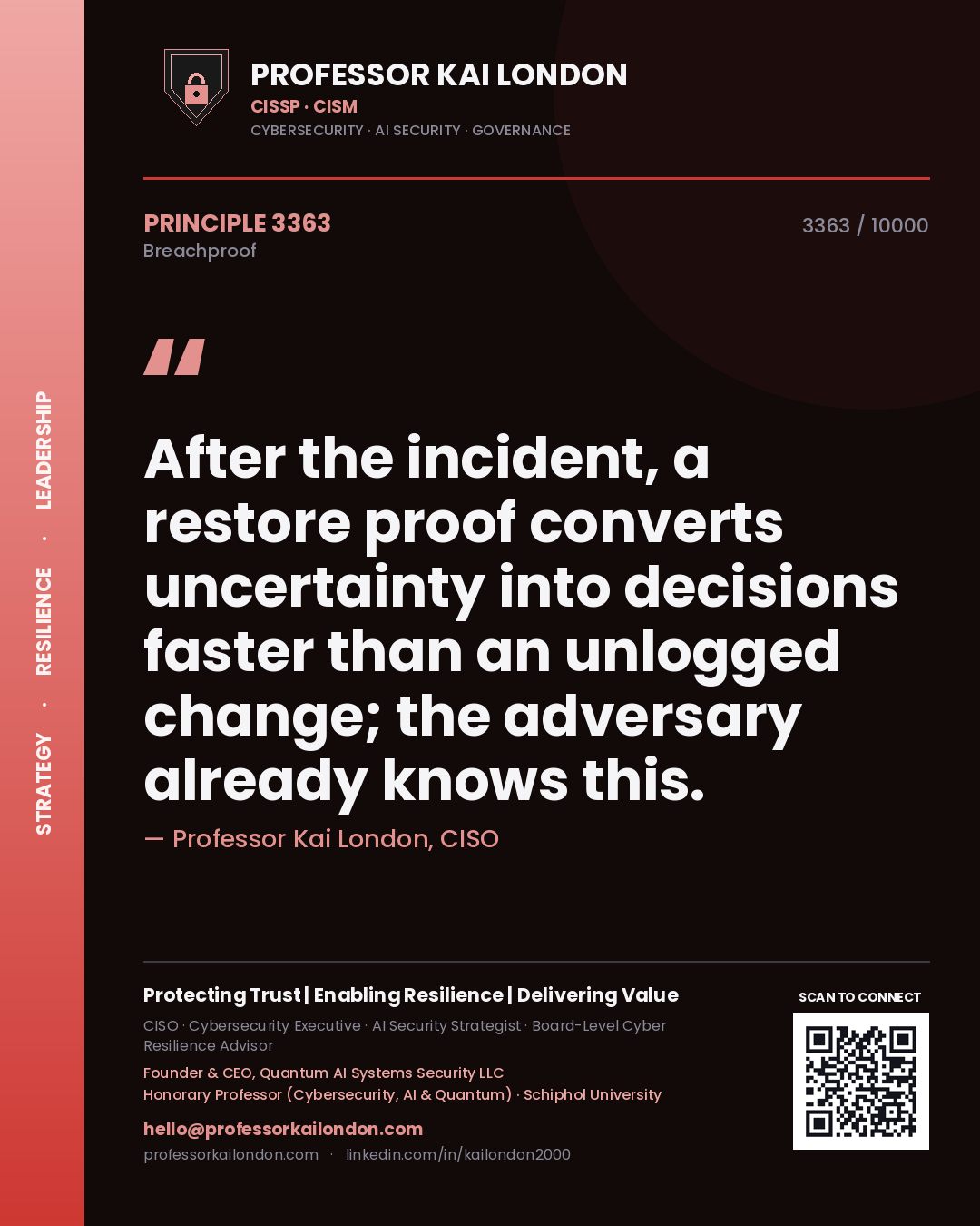 Quote card by Professor Kai London reading 'After the incident, a restore proof converts uncertainty into decisions faster than an unlogged change; the adversary already knows this.'. From the book Breachproof.