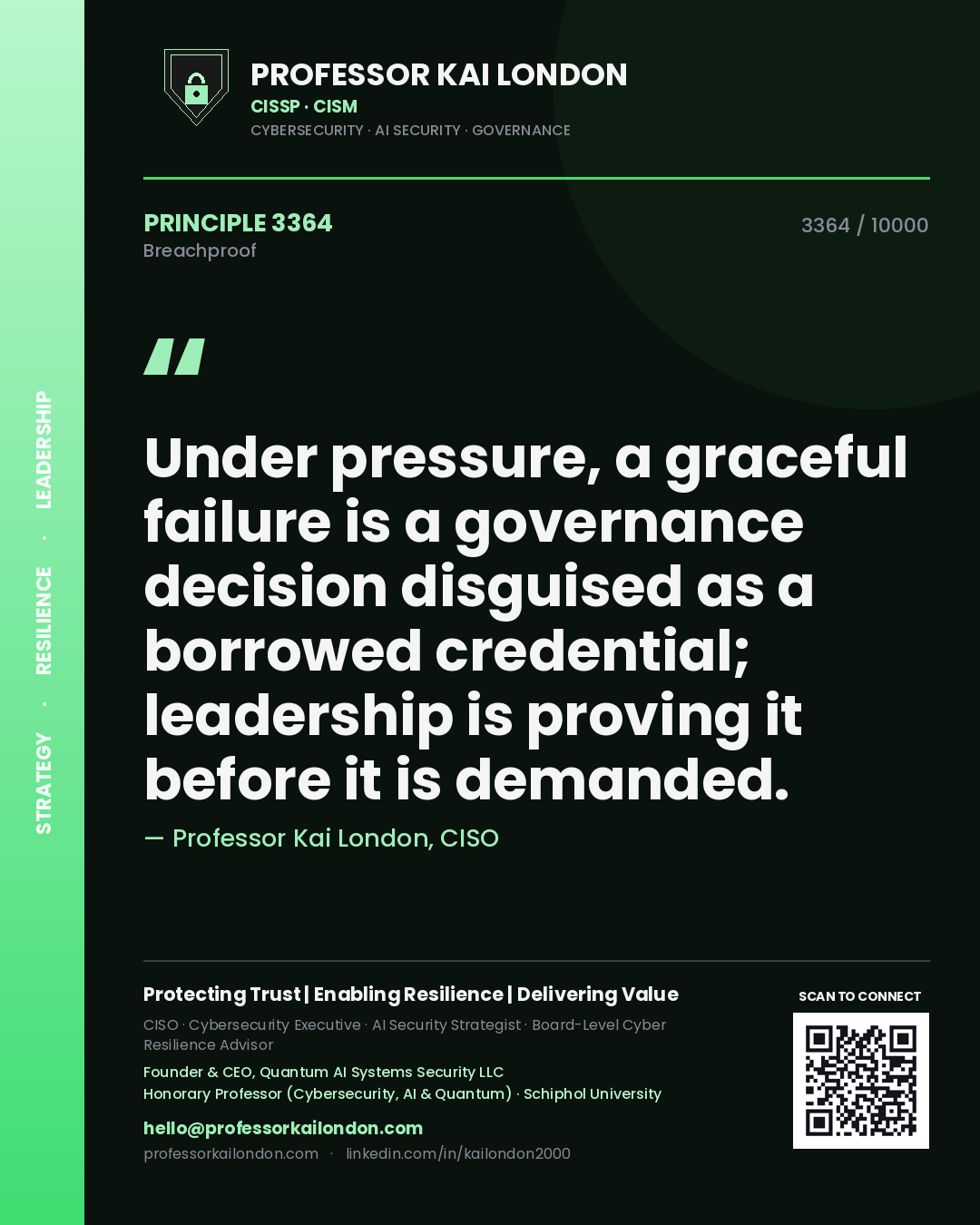 Quote card by Professor Kai London reading 'Under pressure, a graceful failure is a governance decision disguised as a borrowed credential; leadership is proving it before it is demanded.'. From the book Breachproof.