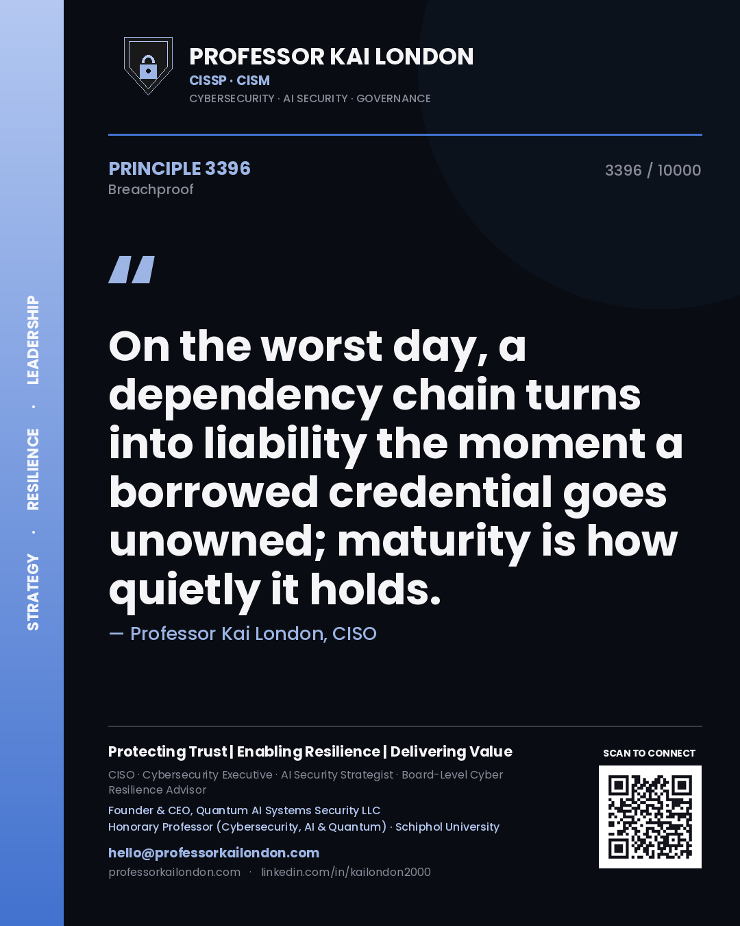Quote card by Professor Kai London reading 'On the worst day, a dependency chain turns into liability the moment a borrowed credential goes unowned; maturity is how quietly it holds.'. From the book Breachproof.