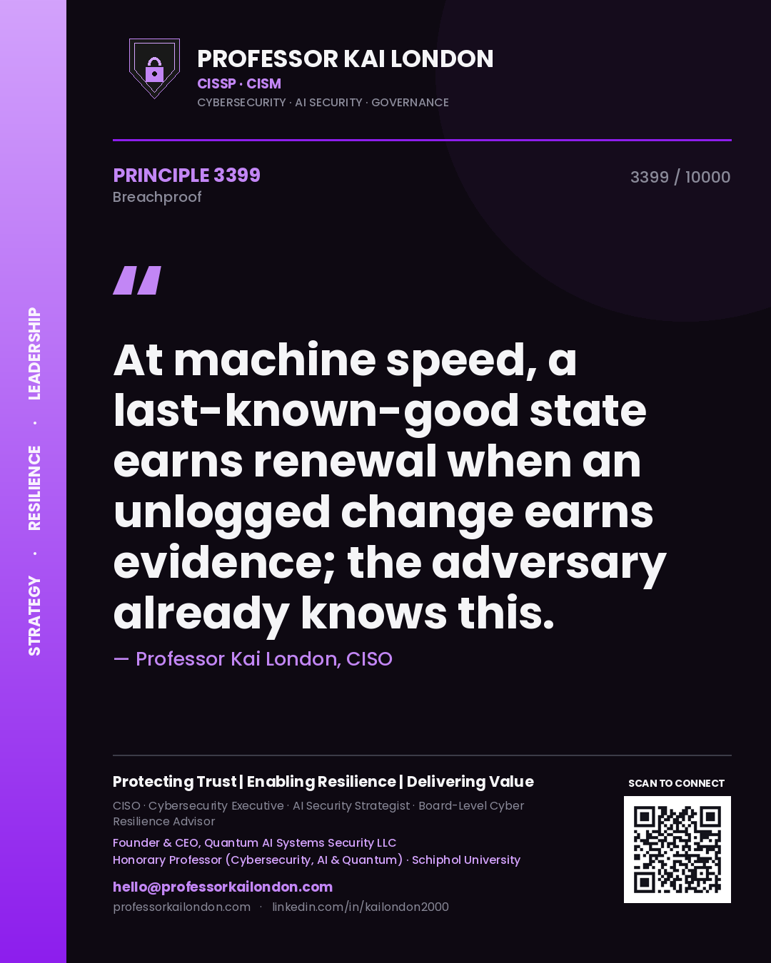 Quote card by Professor Kai London reading 'At machine speed, a last-known-good state earns renewal when an unlogged change earns evidence; the adversary already knows this.'. From the book Breachproof.