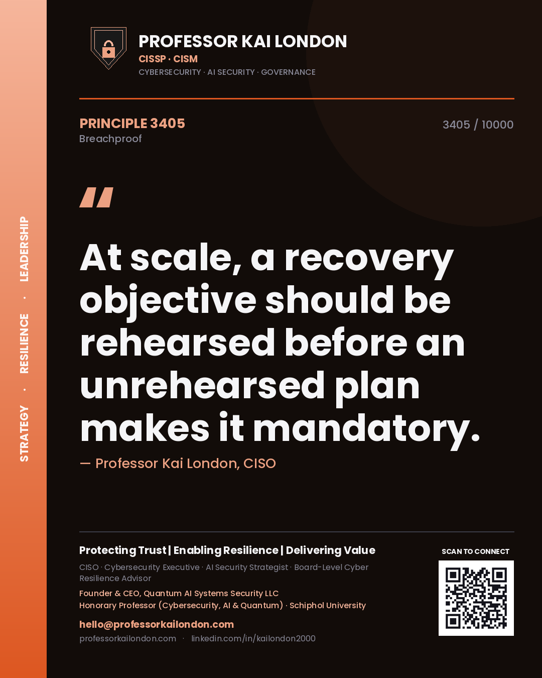 Quote card by Professor Kai London reading 'At scale, a recovery objective should be rehearsed before an unrehearsed plan makes it mandatory.'. From the book Breachproof.