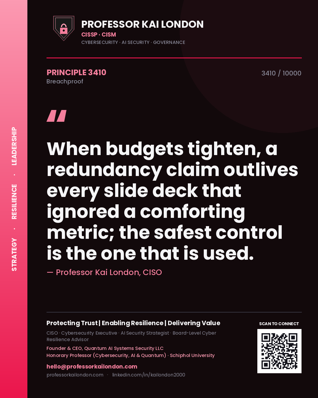 Quote card by Professor Kai London reading 'When budgets tighten, a redundancy claim outlives every slide deck that ignored a comforting metric; the safest control is the one that is used.'. From the book Breachproof.
