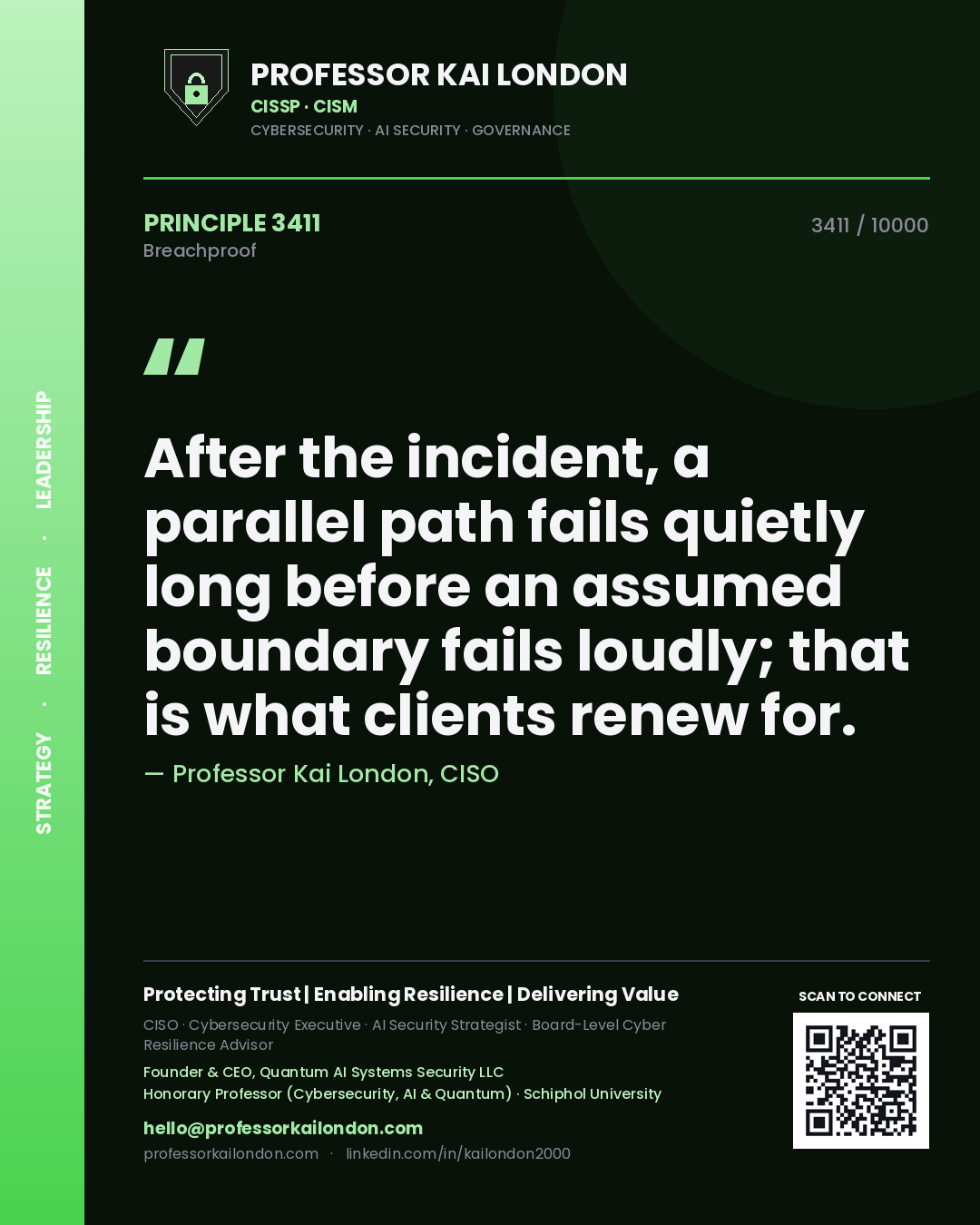Quote card by Professor Kai London reading 'After the incident, a parallel path fails quietly long before an assumed boundary fails loudly; that is what clients renew for.'. From the book Breachproof.