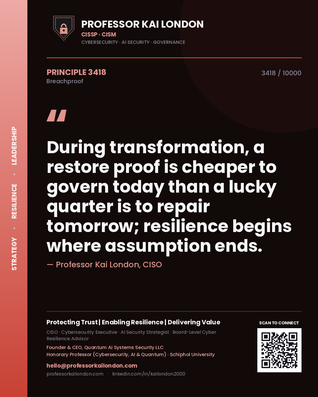 Quote card by Professor Kai London reading 'During transformation, a restore proof is cheaper to govern today than a lucky quarter is to repair tomorrow; resilience begins where assumption ends.'. From the book Breachproof.