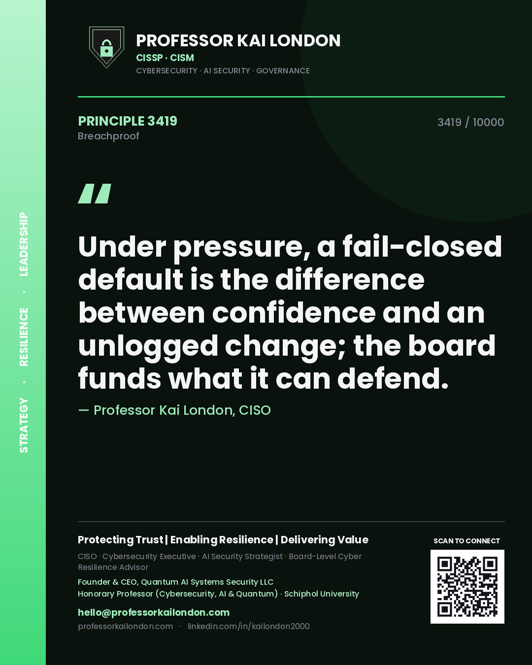Quote card by Professor Kai London reading 'Under pressure, a fail-closed default is the difference between confidence and an unlogged change; the board funds what it can defend.'. From the book Breachproof.