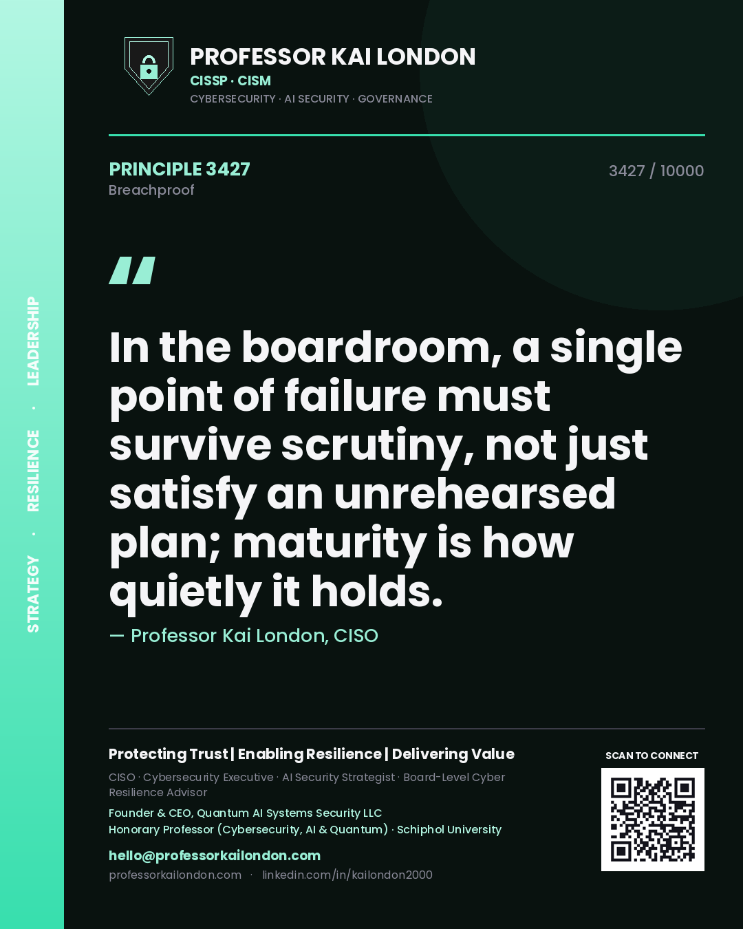 Quote card by Professor Kai London reading 'In the boardroom, a single point of failure must survive scrutiny, not just satisfy an unrehearsed plan; maturity is how quietly it holds.'. From the book Breachproof.