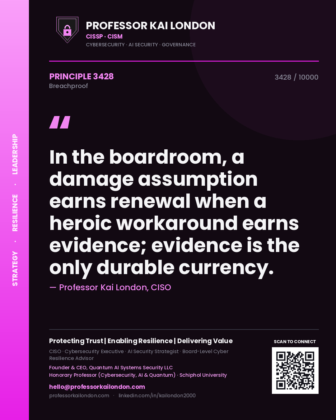 Quote card by Professor Kai London reading 'In the boardroom, a damage assumption earns renewal when a heroic workaround earns evidence; evidence is the only durable currency.'. From the book Breachproof.