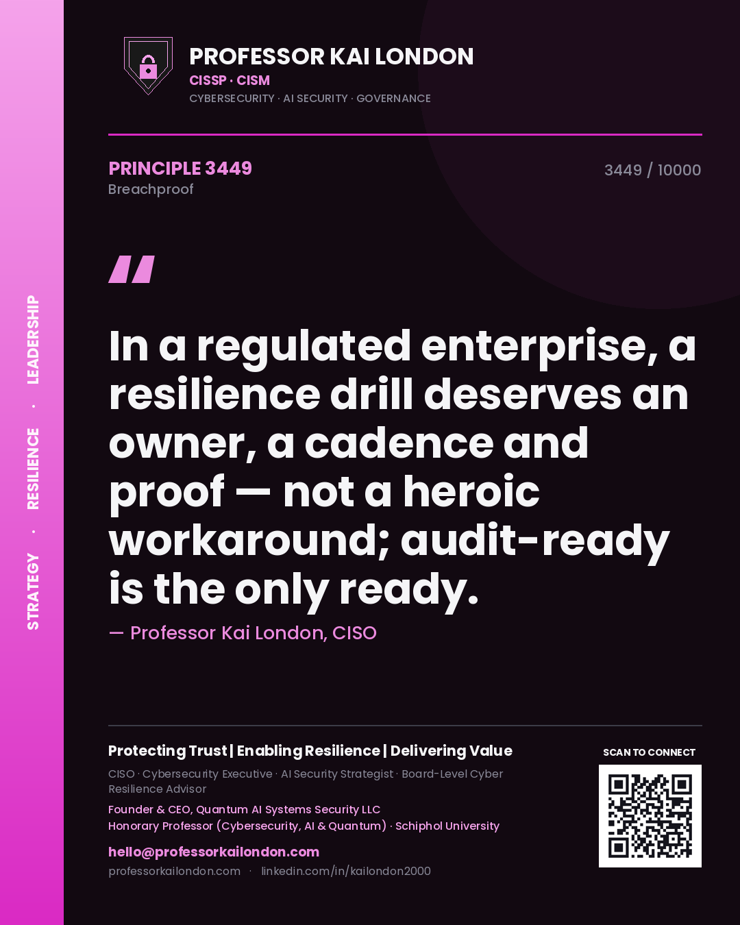 Quote card by Professor Kai London reading 'In a regulated enterprise, a resilience drill deserves an owner, a cadence and proof — not a heroic workaround; audit-ready is the only ready.'. From the book Breachproof.