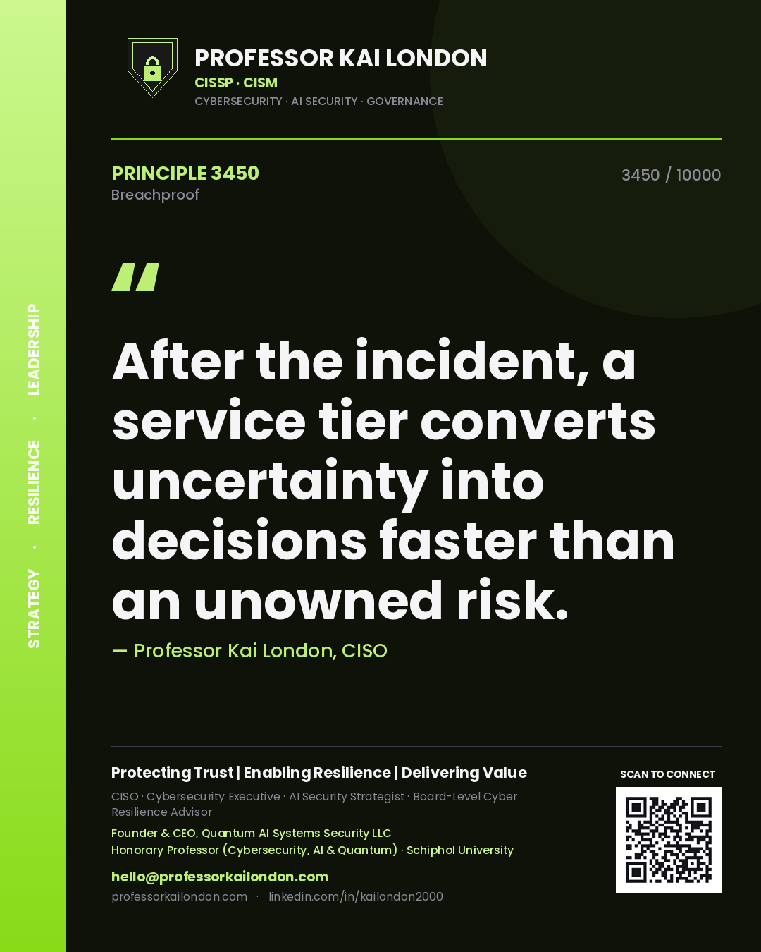 Quote card by Professor Kai London reading 'After the incident, a service tier converts uncertainty into decisions faster than an unowned risk.'. From the book Breachproof.