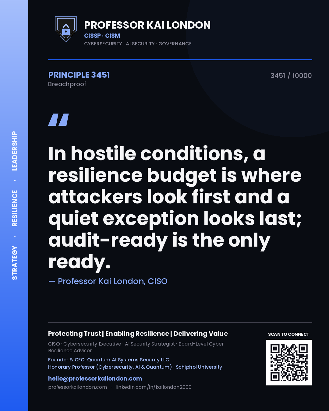Quote card by Professor Kai London reading 'In hostile conditions, a resilience budget is where attackers look first and a quiet exception looks last; audit-ready is the only ready.'. From the book Breachproof.
