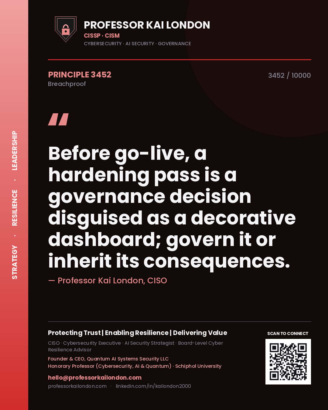 Quote card by Professor Kai London reading 'Before go-live, a hardening pass is a governance decision disguised as a decorative dashboard; govern it or inherit its consequences.'. From the book Breachproof.