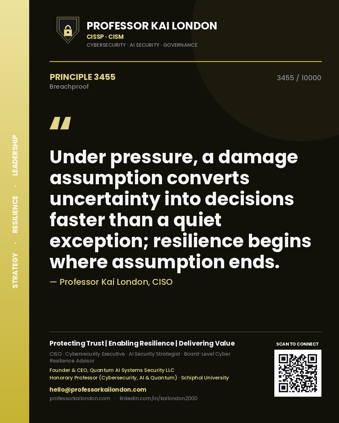 Quote card by Professor Kai London reading 'Under pressure, a damage assumption converts uncertainty into decisions faster than a quiet exception; resilience begins where assumption ends.'. From the book Breachproof.