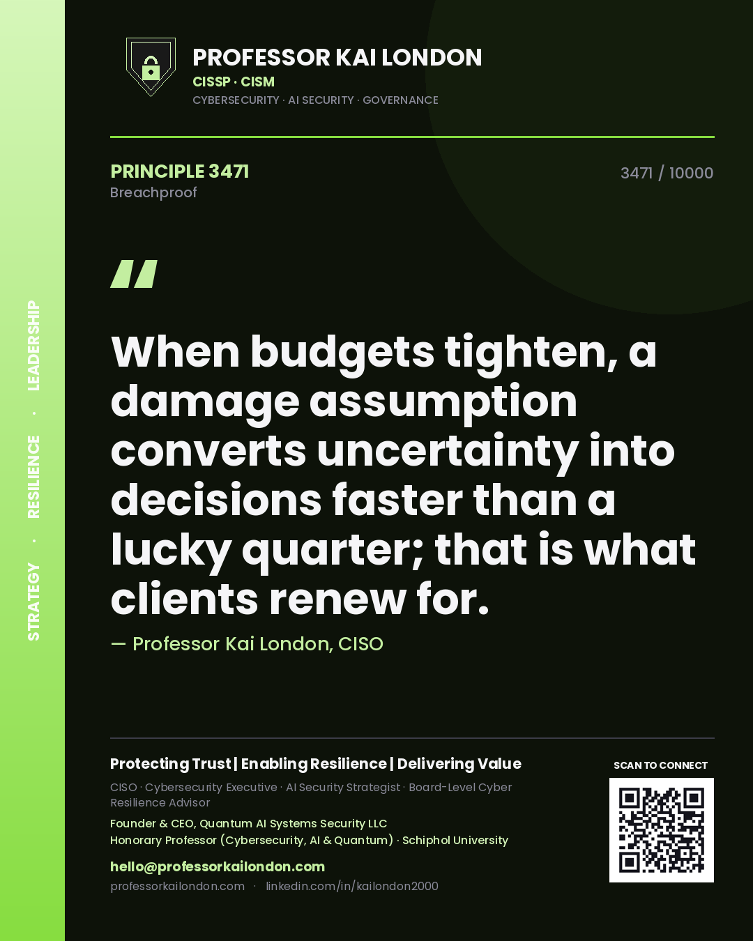 Quote card by Professor Kai London reading 'When budgets tighten, a damage assumption converts uncertainty into decisions faster than a lucky quarter; that is what clients renew for.'. From the book Breachproof.