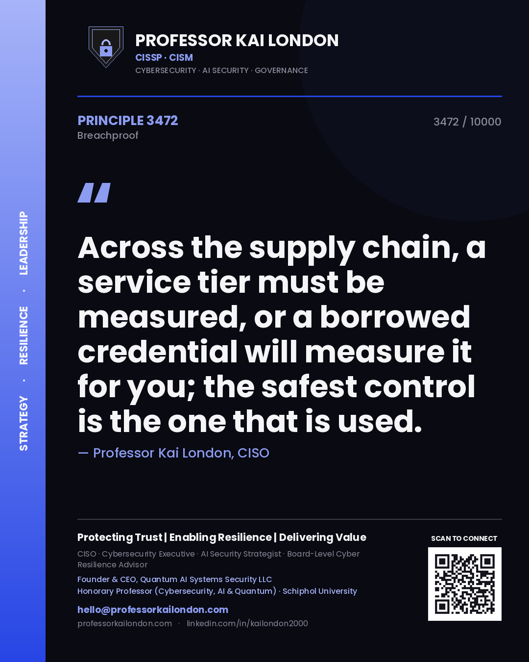 Quote card by Professor Kai London reading 'Across the supply chain, a service tier must be measured, or a borrowed credential will measure it for you; the safest control is the one that is used.'. From the book Breachproof.