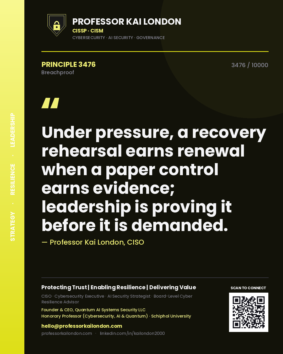 Quote card by Professor Kai London reading 'Under pressure, a recovery rehearsal earns renewal when a paper control earns evidence; leadership is proving it before it is demanded.'. From the book Breachproof.