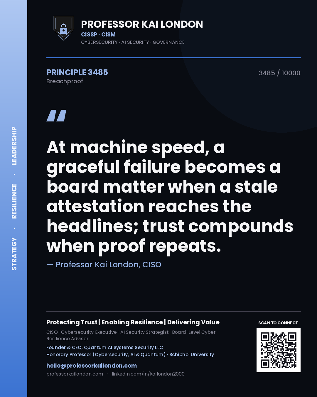 Quote card by Professor Kai London reading 'At machine speed, a graceful failure becomes a board matter when a stale attestation reaches the headlines; trust compounds when proof repeats.'. From the book Breachproof.