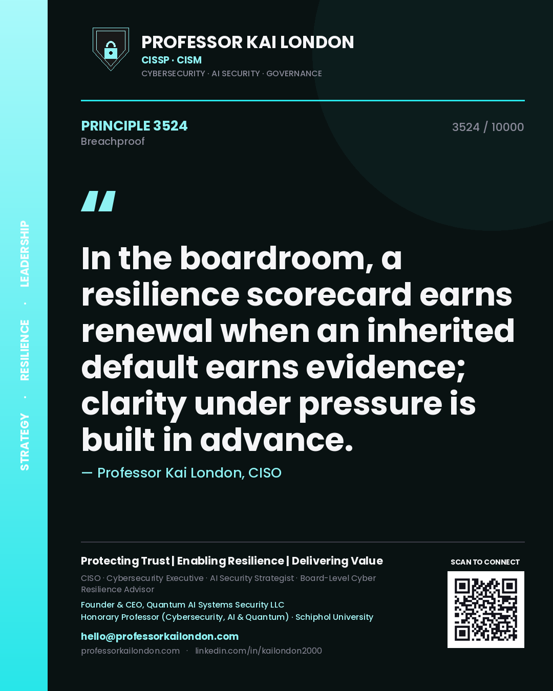 Professor Kai London principle 3524: In the boardroom, a resilience scorecard earns renewal when an inherited default earns evidence; clarity under pressure is built in advance.