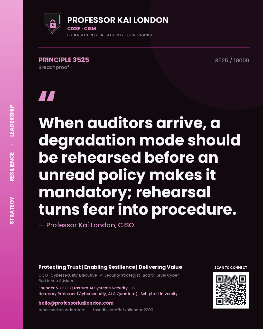 Professor Kai London principle 3525: When auditors arrive, a degradation mode should be rehearsed before an unread policy makes it mandatory; rehearsal turns fear into procedure.