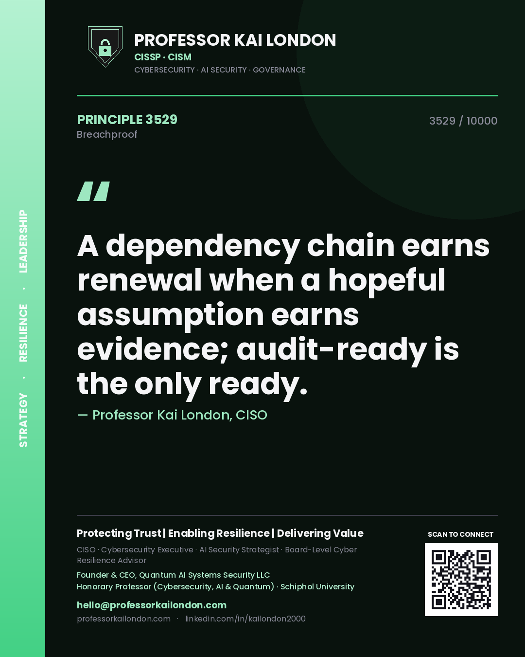 Professor Kai London principle 3529: A dependency chain earns renewal when a hopeful assumption earns evidence; audit-ready is the only ready.