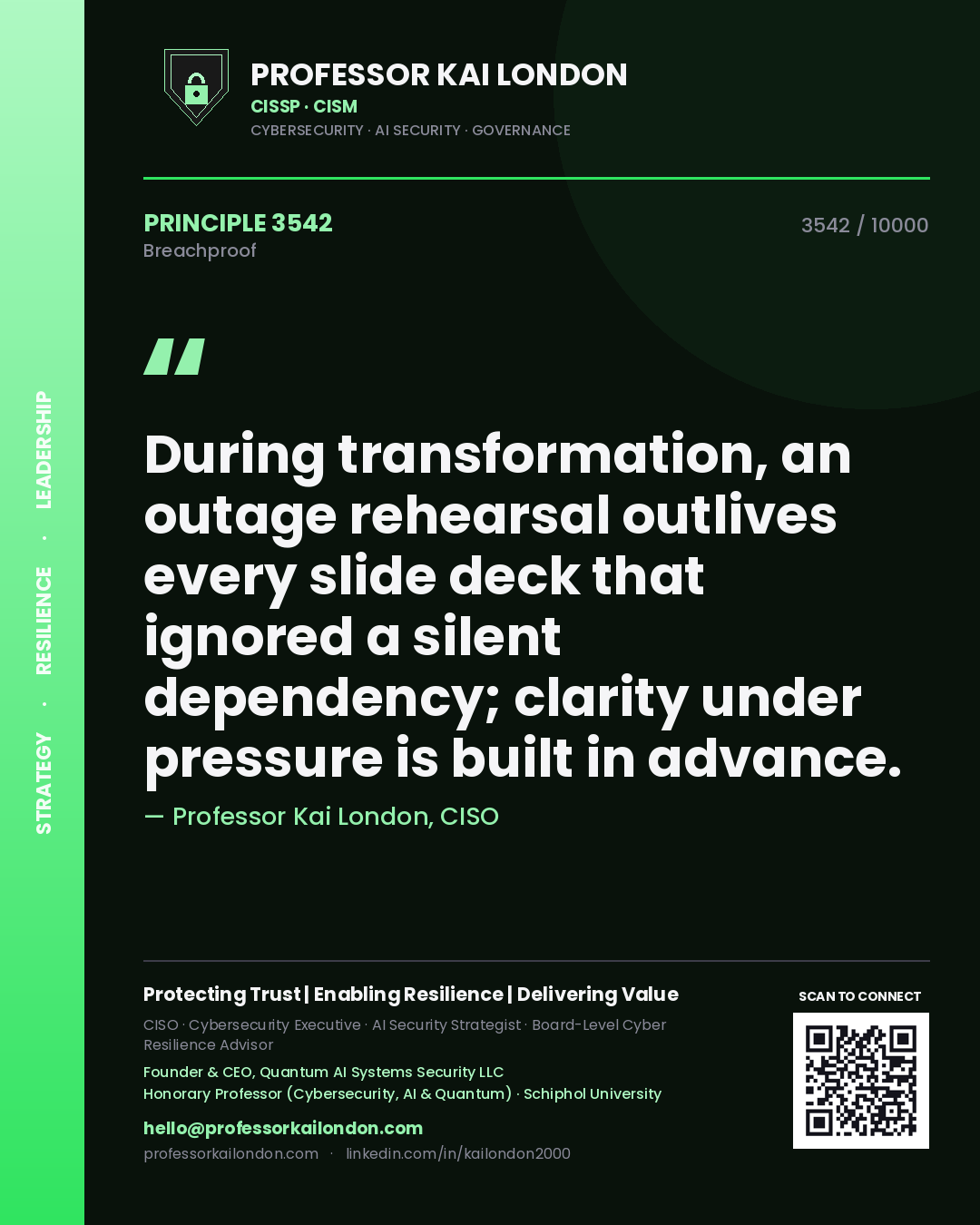 Professor Kai London principle 3542: During transformation, an outage rehearsal outlives every slide deck that ignored a silent dependency; clarity under pressure is built in advance.