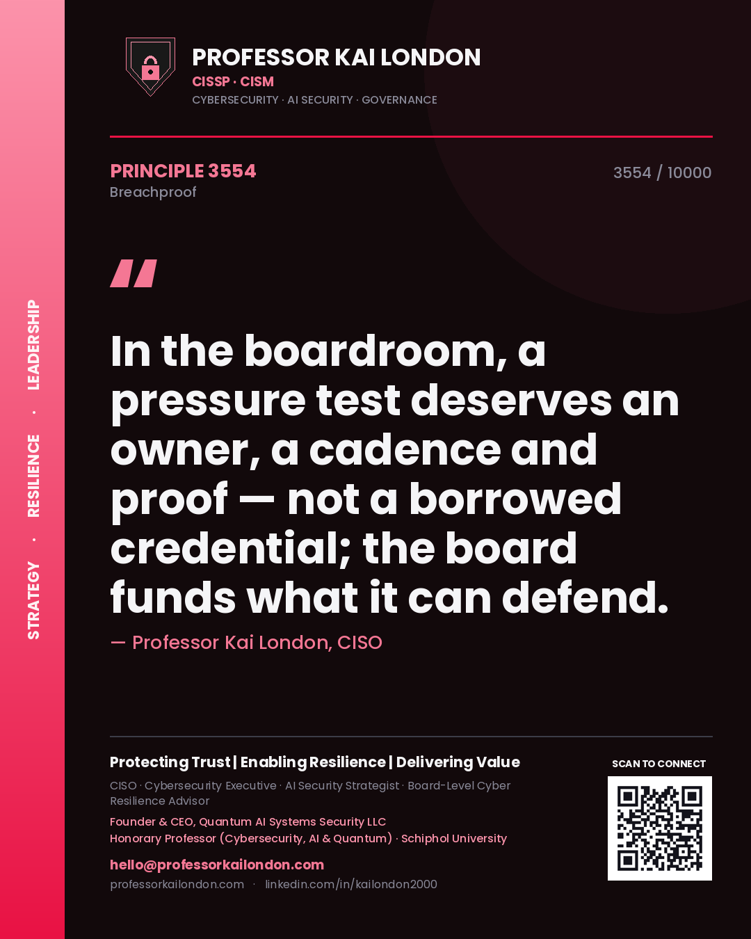 Professor Kai London principle 3554: In the boardroom, a pressure test deserves an owner, a cadence and proof — not a borrowed credential; the board funds what it can defend.