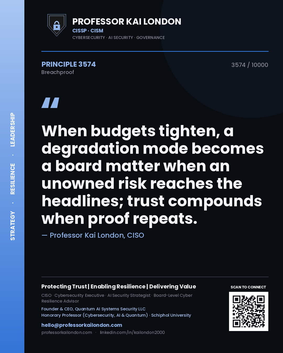 Quote card by Professor Kai London reading 'When budgets tighten, a degradation mode becomes a board matter when an unowned risk reaches the headlines; trust compounds when proof repeats.'. From the book Breachproof.